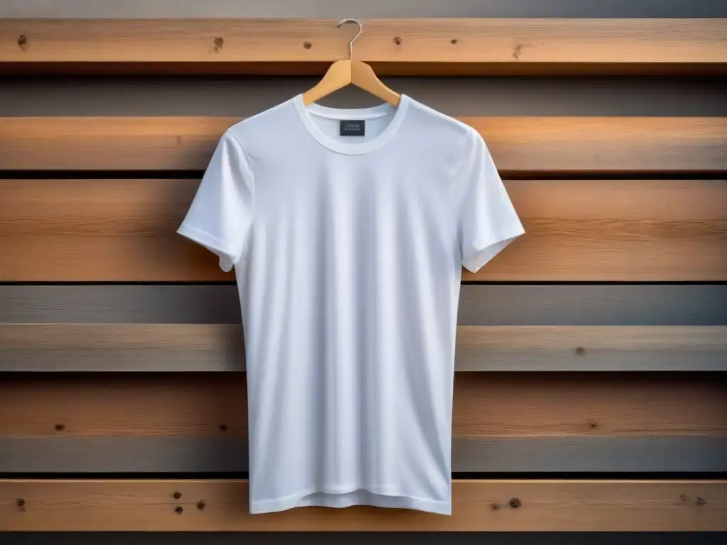 Una camiseta blanca de algodón orgánico, colgada en una percha de madera contra una pared de tonos pasteles