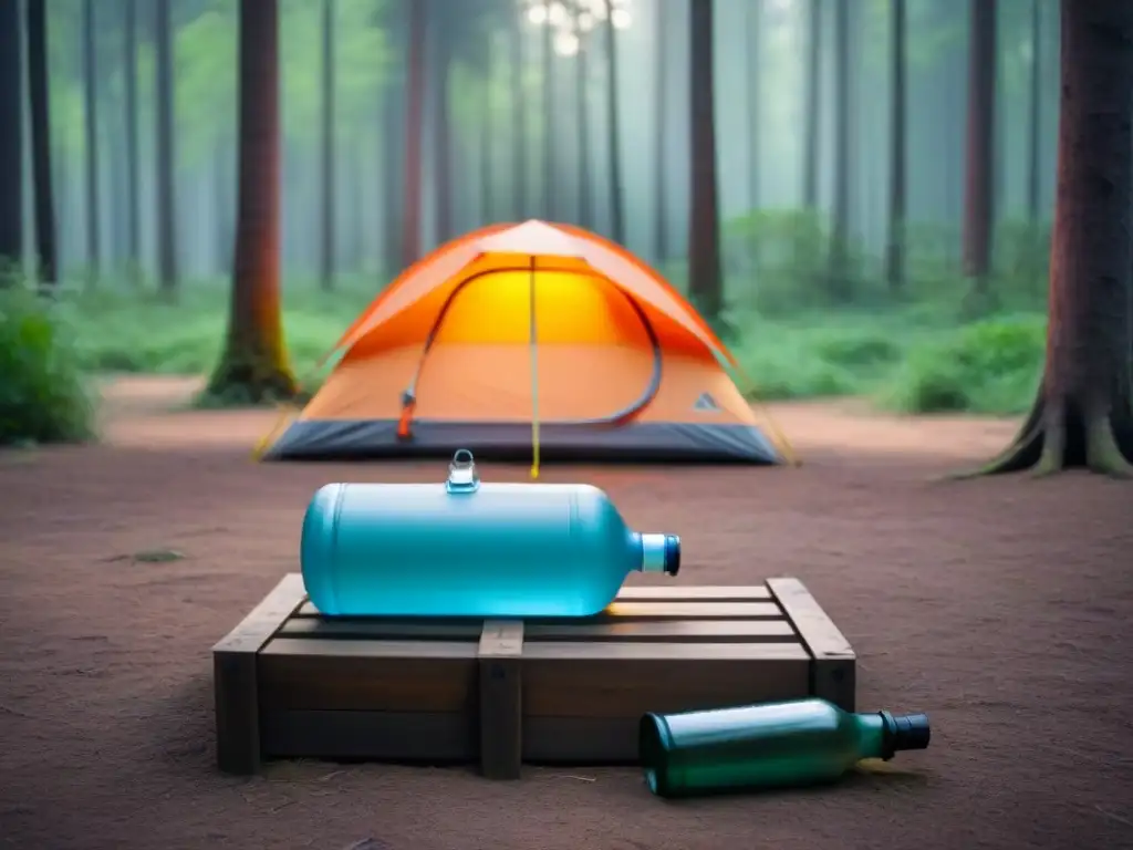 Campamento ecológico en un bosque verde con paneles solares, compostera y botellas reutilizables