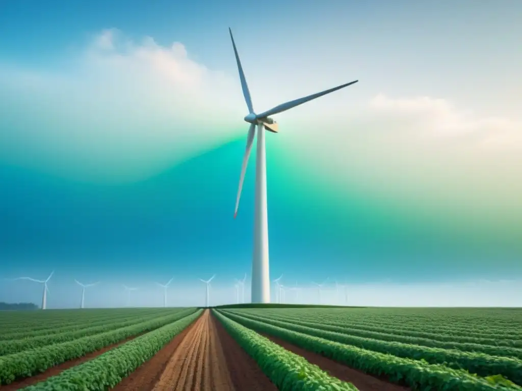 Campo abierto con un aerogenerador elegante girando, simbolizando la importancia de la educación en energía eólica sostenible