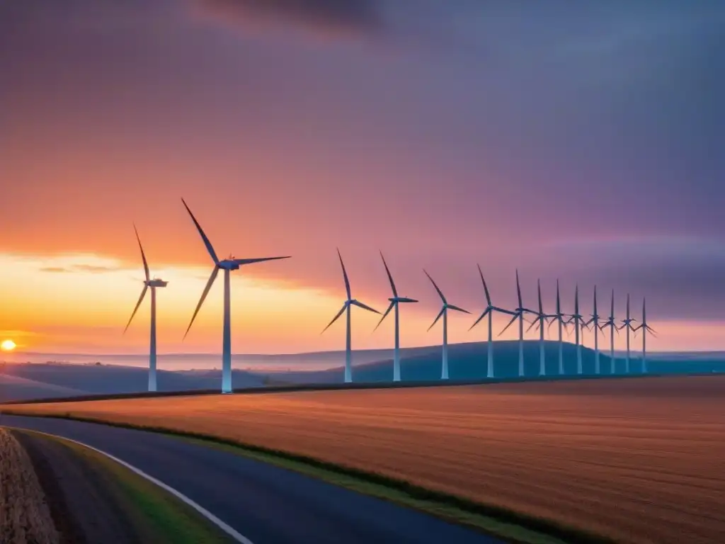 Un campo de aerogeneradores modernos en un atardecer vibrante, con diseño minimalista y líneas limpias