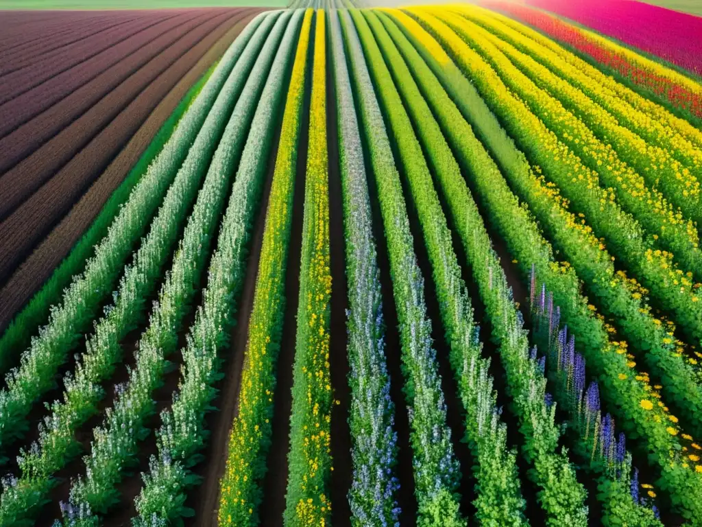 Un campo de agricultura regenerativa sostenible, vibrante y diverso con cultivos y flores silvestres, iluminado por el sol