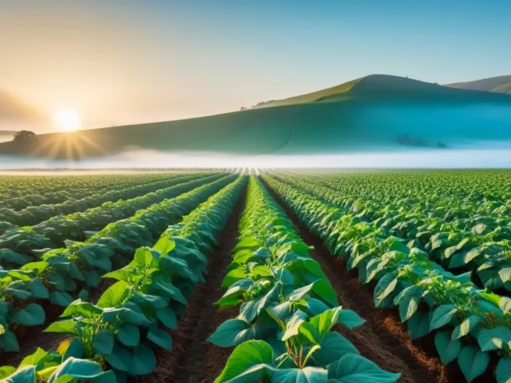 Un campo de algodón orgánico verde exuberante bajo el sol, resaltando los beneficios del algodón orgánico en la piel