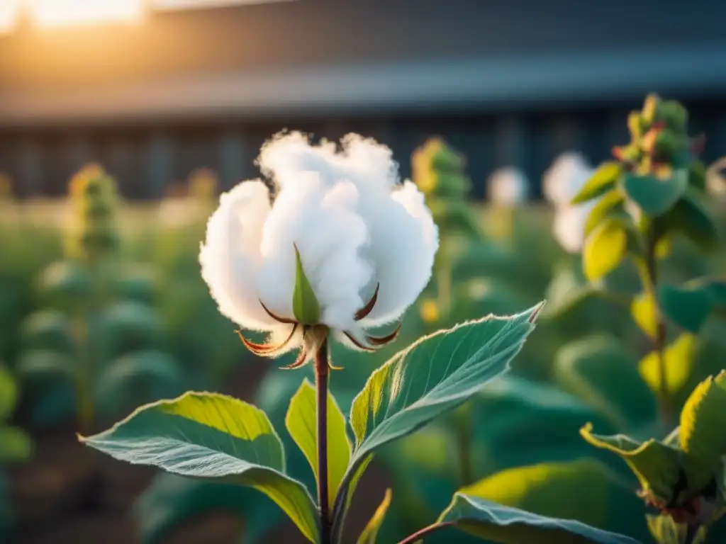 Un campo de algodón sostenible meciéndose suavemente al sol, detalles naturales resaltados