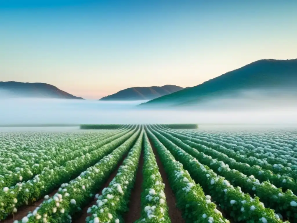 Un campo de algodón verde bajo el cielo azul transmite la armonía con la naturaleza y el impacto de los materiales orgánicos en la moda