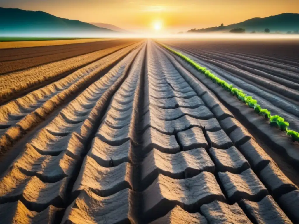 Un campo árido y agrietado bajo el sol, cultivos marchitos y canales secos, simbolizando el impacto del cambio climático en la agricultura sostenible