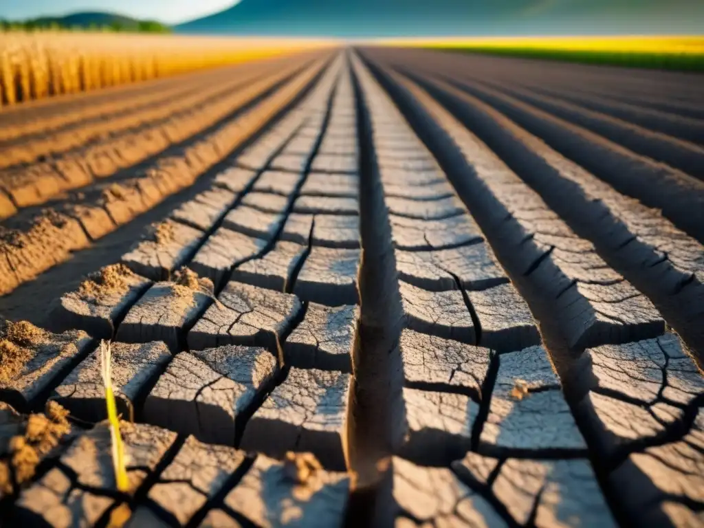 Un campo árido y agrietado bajo un sol abrasador, cultivos marchitos y suelo seco; impacto cambio climático producción alimentos