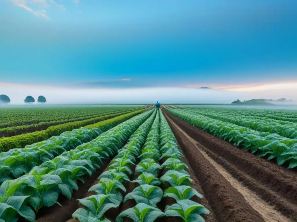 Un campo de cultivo verde exuberante bajo un cielo azul, donde un agricultor cuida con esmero las plantas