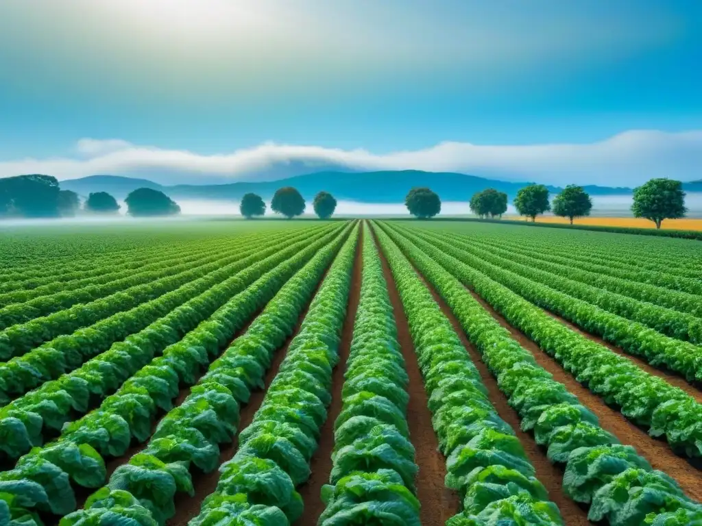 Un campo de cultivo verde y frondoso bajo un cielo azul claro, mostrando la belleza de la alimentación basada en plantas sostenible