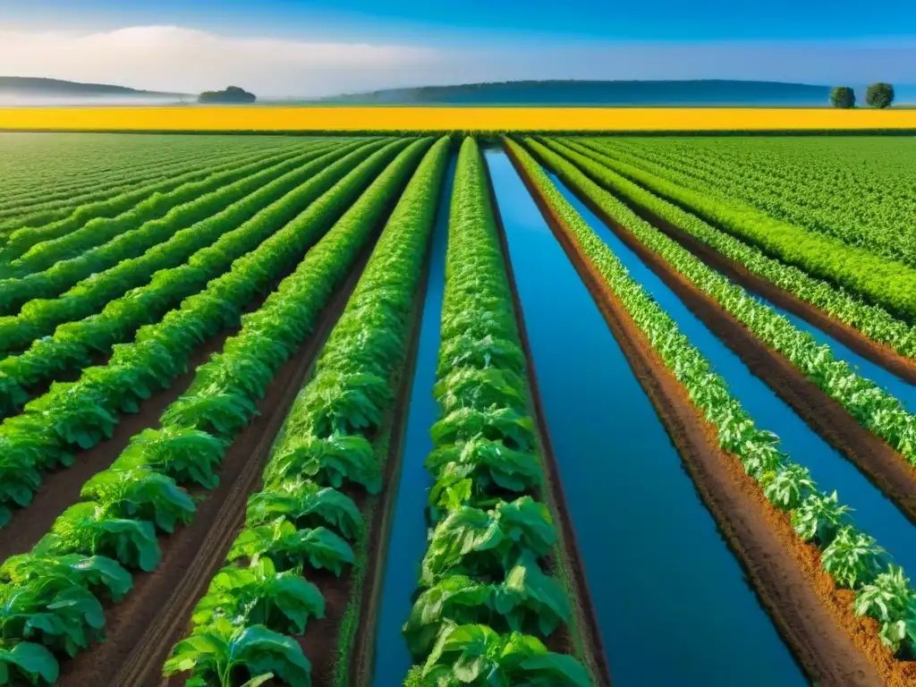 Un campo de cultivo verde y ordenado bajo un cielo azul, reflejando los beneficios de la agricultura sostenible zero waste