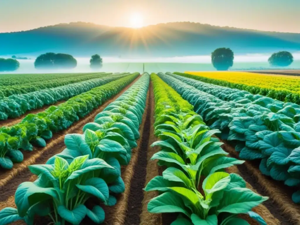 Un campo de cultivos orgánicos vibrante y exuberante bajo un cielo azul claro, bañado por el sol