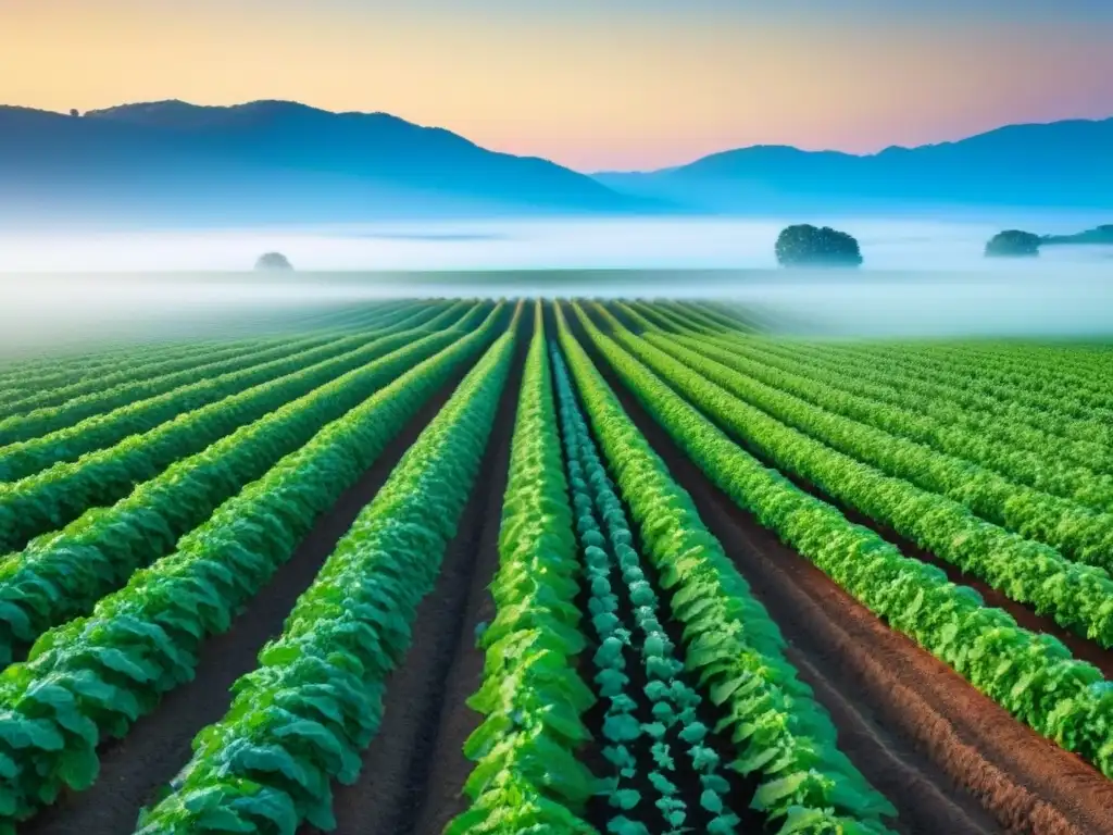 Un campo agrícola próspero y detallado bajo un cielo azul claro, con cultivos alineados perfectamente