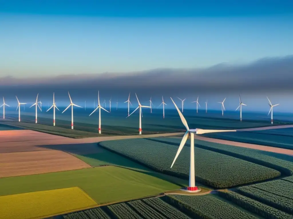 Un campo extenso de aerogeneradores bajo un cielo azul, transmitiendo energías renovables y sostenibilidad a gran escala