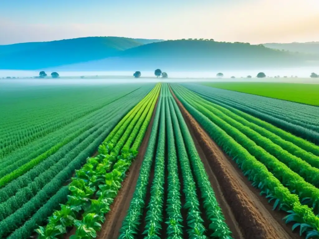 Un campo extenso bañado por el sol muestra cultivos verdes vibrantes en armonía con la naturaleza