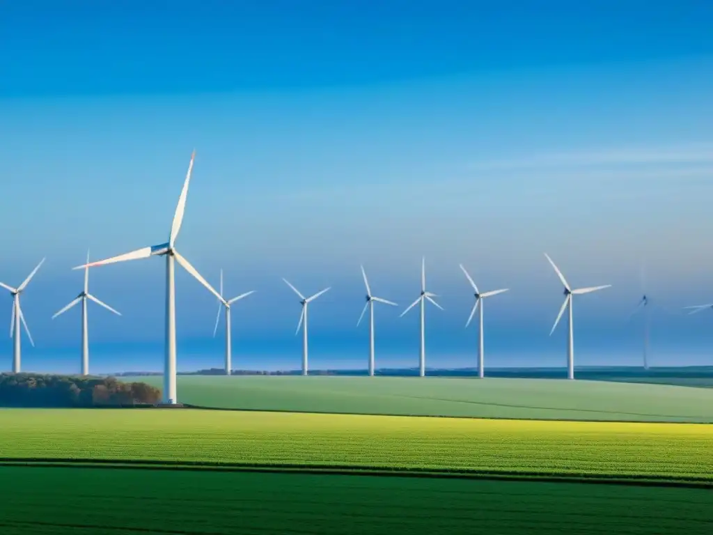 Un campo extenso con elegantes aerogeneradores blancos girando en armonía con el viento en un cielo azul claro