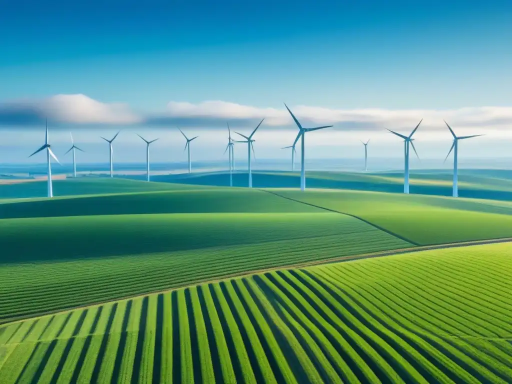 Un campo extenso con molinos de viento verdes bajo un cielo azul, simbolizando la integración del Big Data en energías renovables