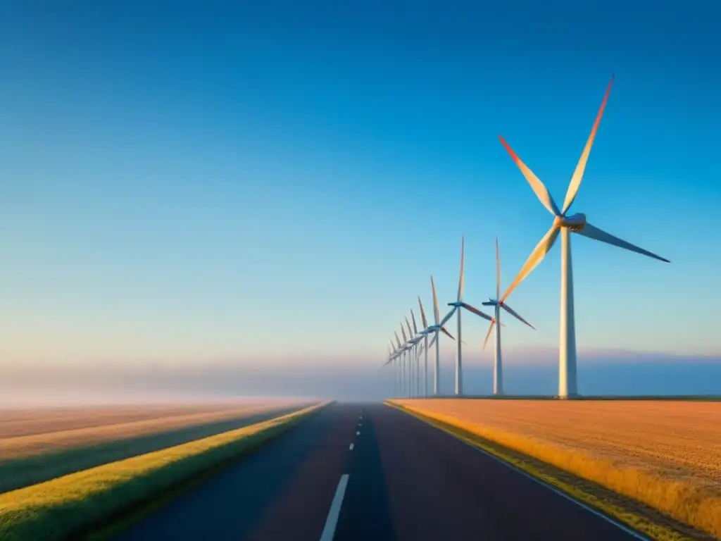 Un campo extenso de molinos de viento girando bajo un cielo azul, simbolizando la armonía entre energías renovables y naturaleza