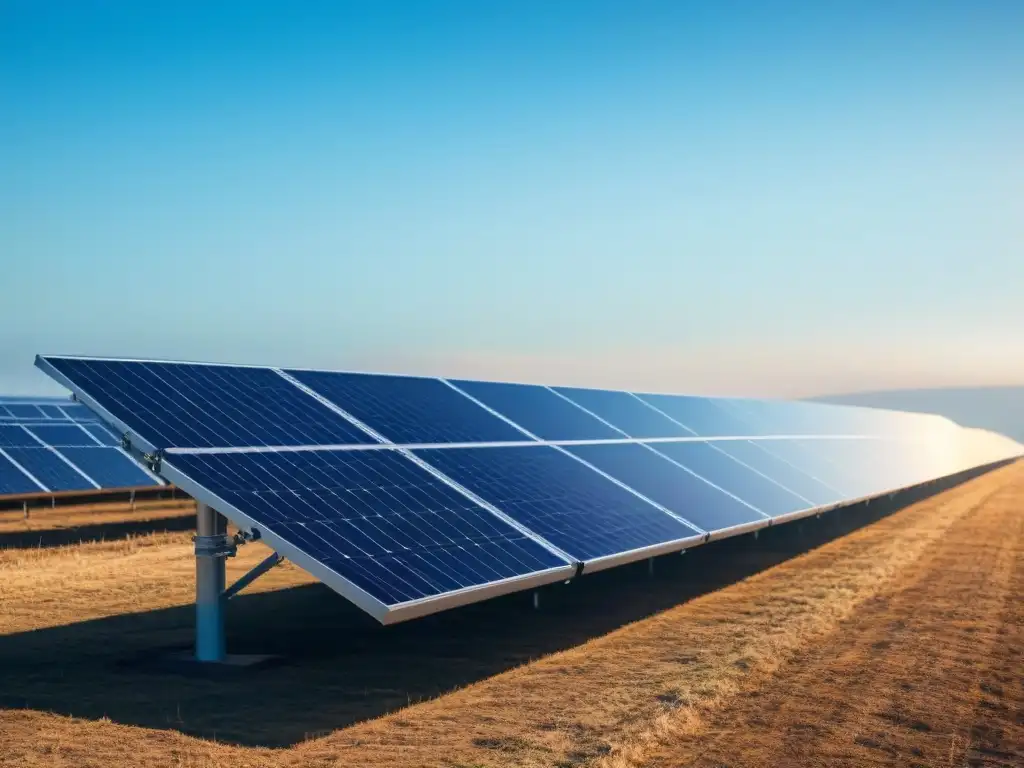 Un campo extenso de paneles solares en armonía con el cielo azul, simbolizando la generación de energía sostenible