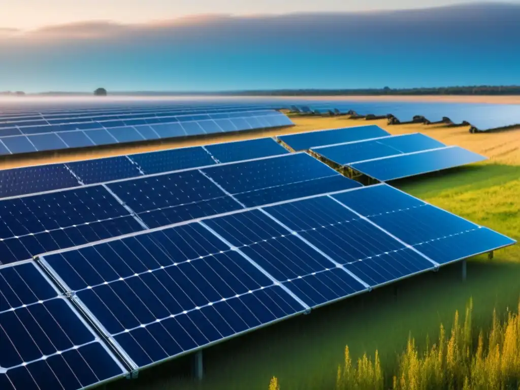 Un campo extenso de paneles solares bajo un cielo azul reflejando la luz del sol, en un panorama de energías renovables sostenibilidad