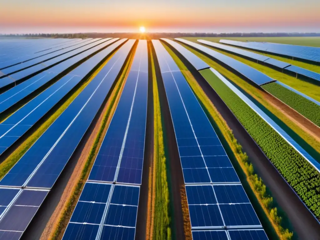 Un campo extenso de paneles solares bajo un cielo azul claro, reflejando la luz del sol