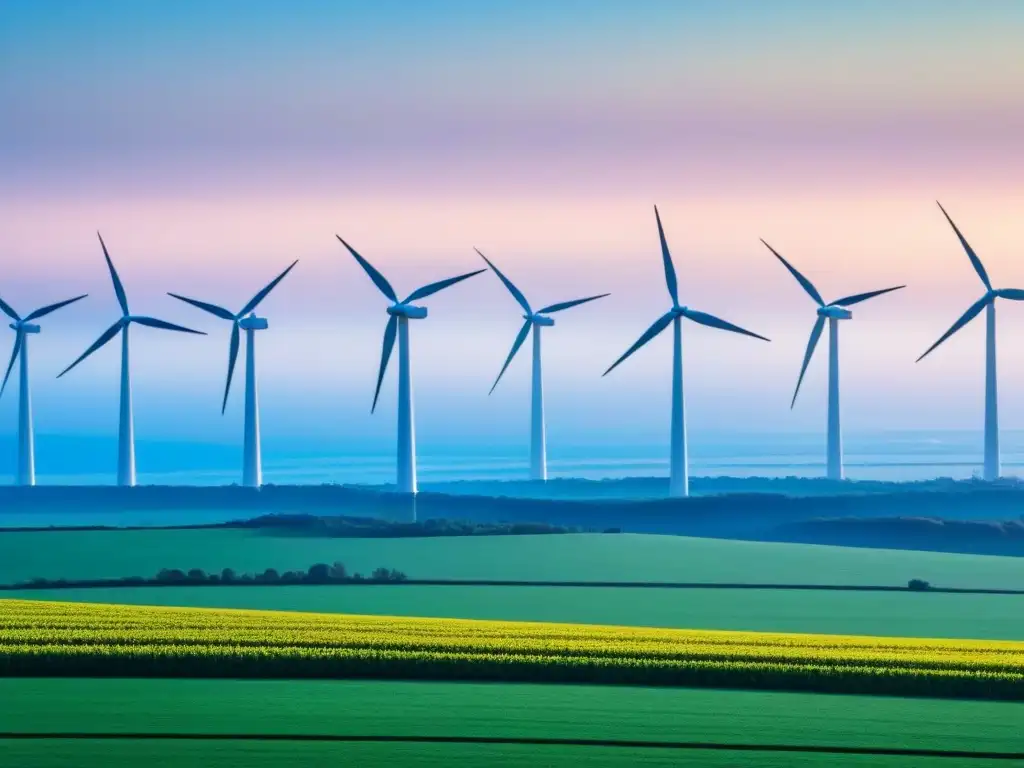 Un campo extenso de turbinas eólicas bajo un cielo azul claro, simbolizando la belleza y eficiencia de la energía renovable