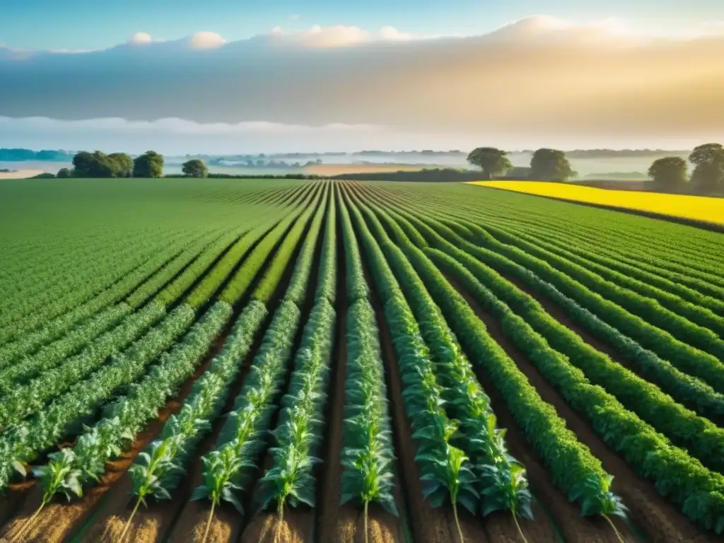 Un campo agrícola exuberante bañado por la luz dorada del sol, reflejando la tranquilidad y abundancia de la agricultura sostenible