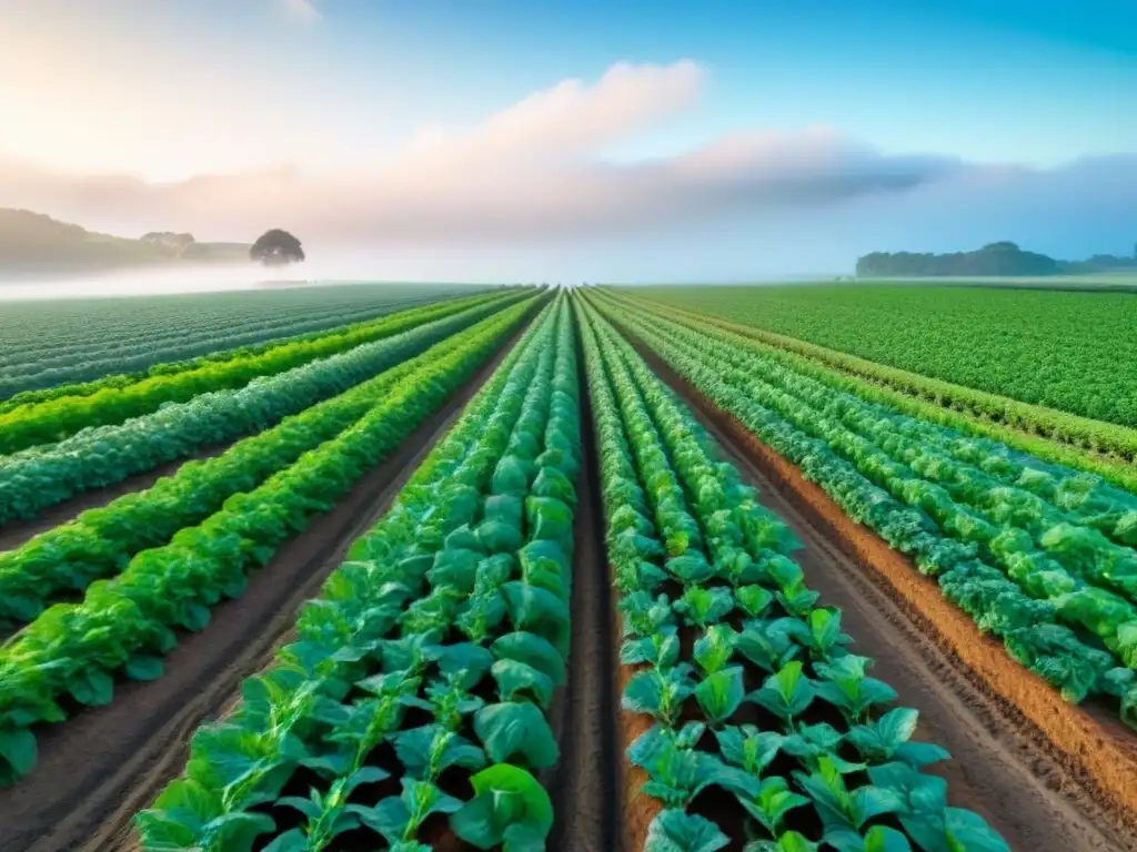 Un campo exuberante con cultivos vibrantes bajo un cielo azul, destacando la agricultura sostenible