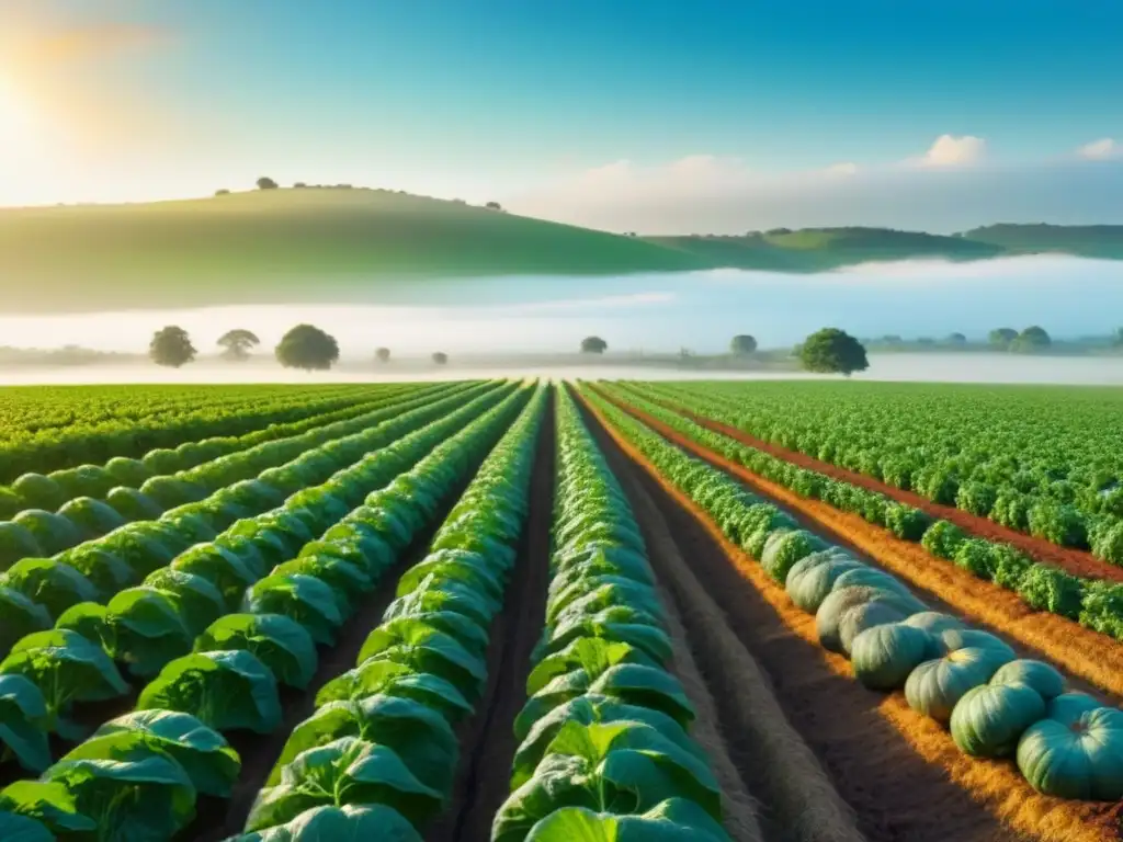 Un campo exuberante y detallado con frutas, verduras y granos coloridos en armonía, resaltando la belleza de una dieta basada en plantas sostenible