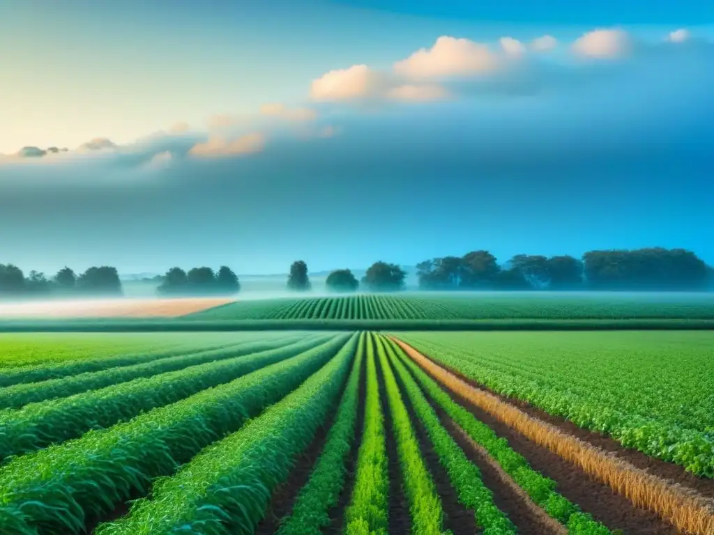 Un campo exuberante y saludable bajo el cielo azul, transmitiendo armonía y sostenibilidad