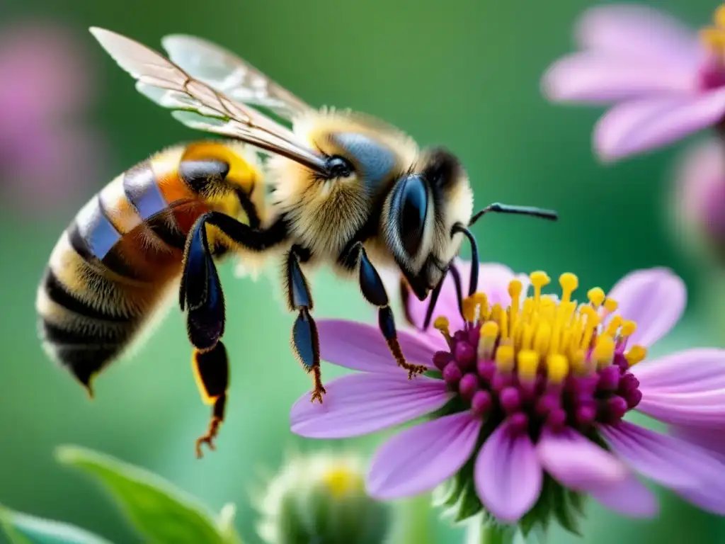 Un campo de flores vibrante con una abeja recolectando polen