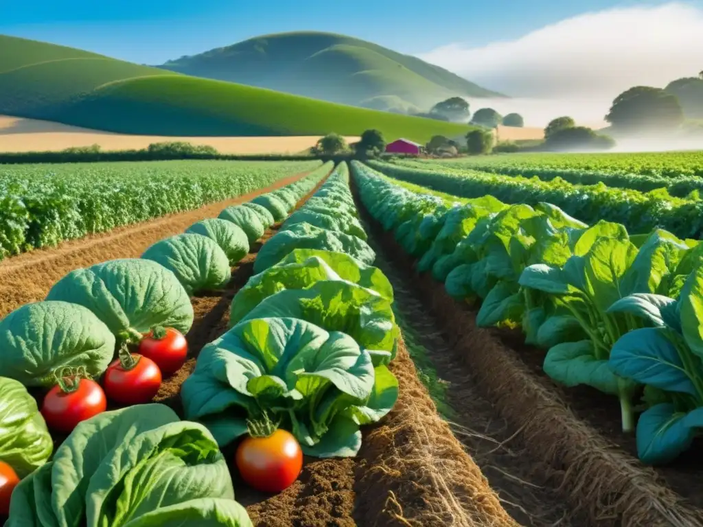 Un campo frondoso lleno de frutas y verduras en su punto justo bajo el sol brillante, evocando los beneficios de la comida kilómetro cero