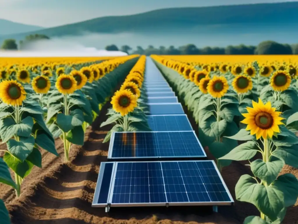 Un campo de girasoles con paneles solares integrados, mostrando la armonía entre productos solares sostenibles y la naturaleza