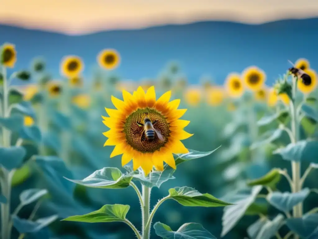 Campo de girasoles vibrante, abeja polinizando