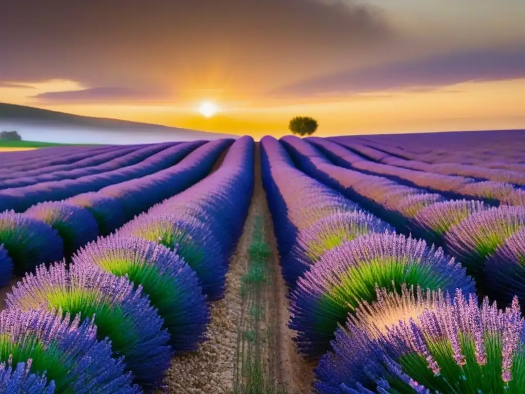 Un campo de lavanda al atardecer, bañado por la cálida luz del sol, muestra la belleza de la producción sostenible de aceites esenciales