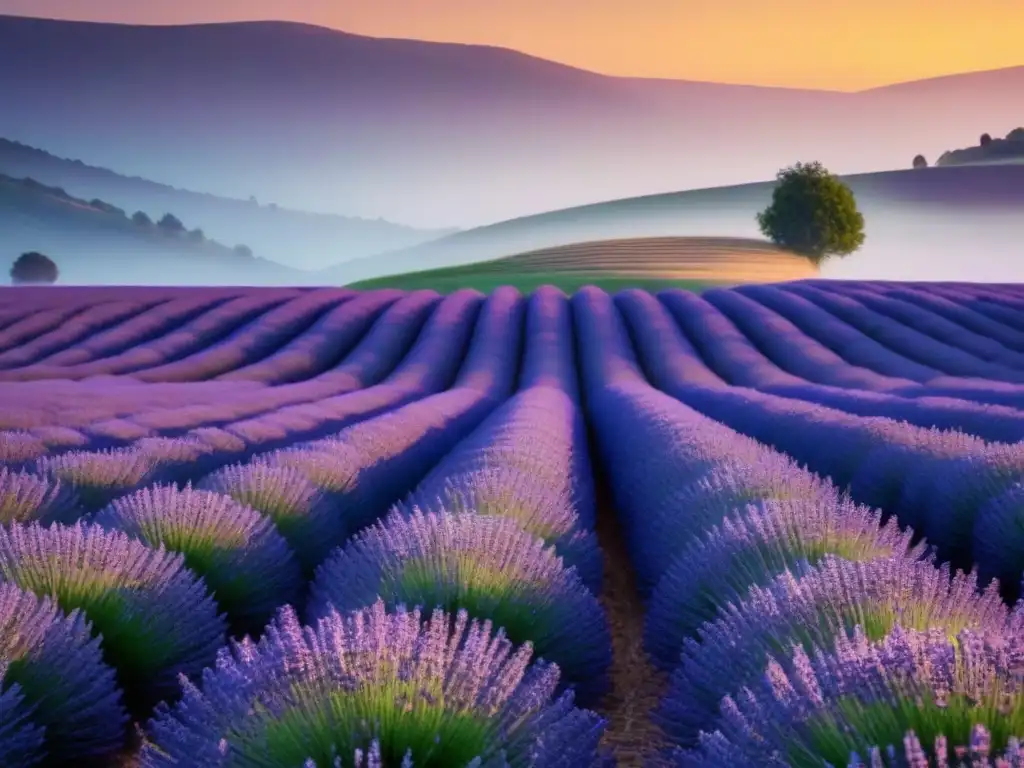 Campo de lavanda en la mañana, bañado por la luz dorada del amanecer