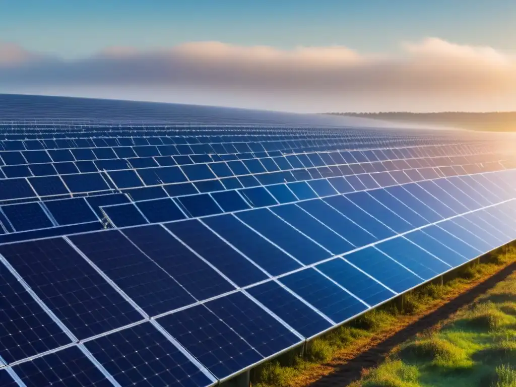 Un campo lleno de paneles solares relucientes bajo un cielo azul, simbolizando los beneficios sociales de las energías renovables sostenibles