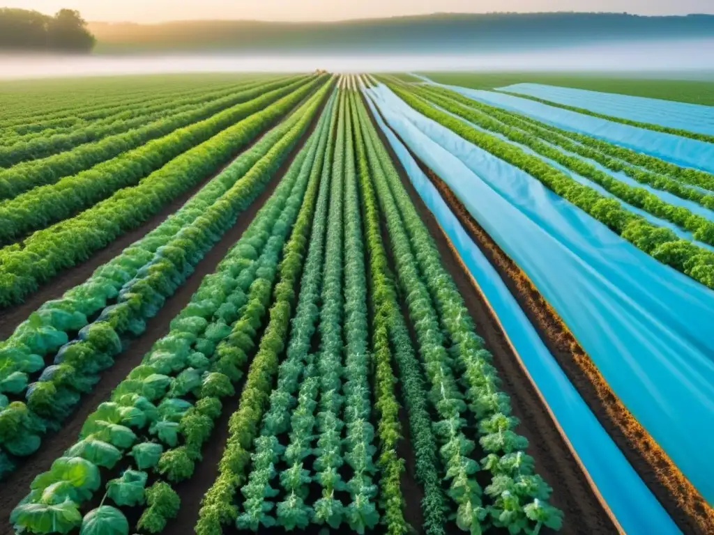 Un campo orgánico exuberante bajo el cielo azul, con cultivos variados y saludables