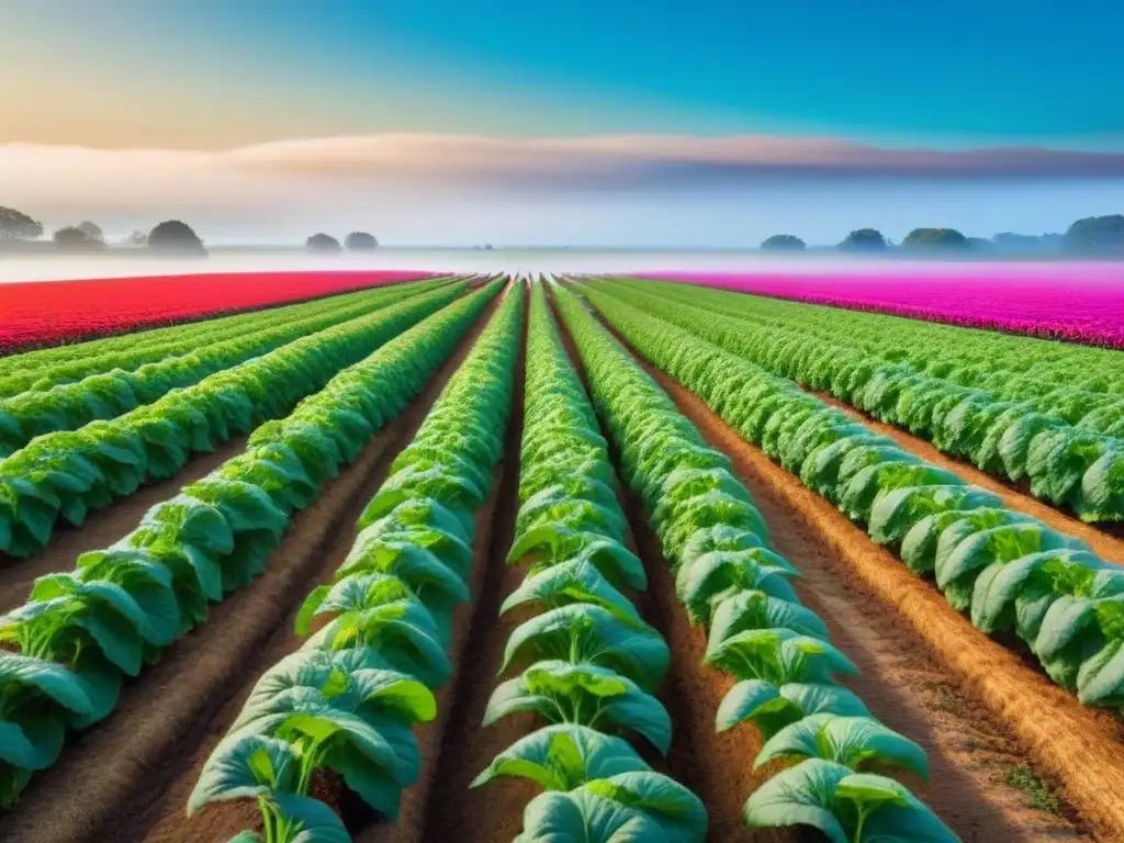 Un campo orgánico lleno de vida con verduras vibrantes y un agricultor cuidando las cosechas bajo un cielo azul