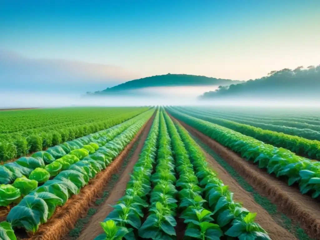 Un campo orgánico sereno y ordenado con cultivos diversos bajo un cielo azul