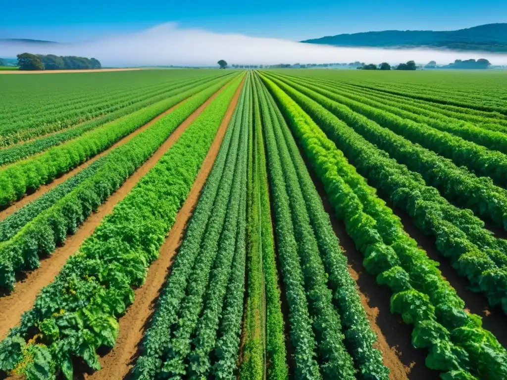 Un campo orgánico vibrante bajo el cielo azul, mostrando los beneficios de la agricultura orgánica sostenible