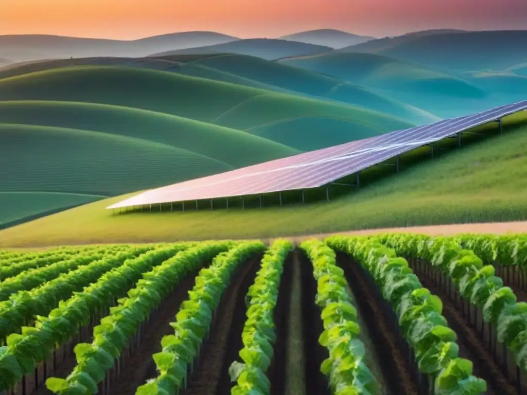 Campo de paneles solares al atardecer, reflejando el cielo anaranjado y rosa, entre colinas verdes