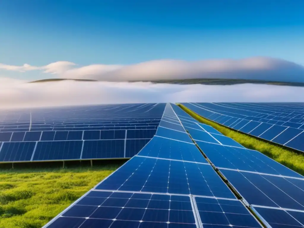 Campo de paneles solares brillantes bajo cielo azul