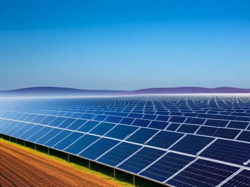 Campo de paneles solares futuristas en un día soleado, reflejando tecnología y sostenibilidad