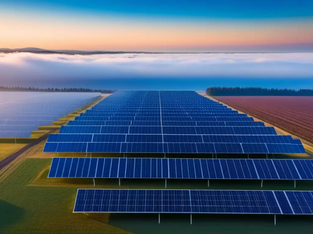 Un campo de paneles solares se extiende hacia el horizonte bajo un cielo azul, reflejando la luz del sol y creando un patrón simétrico que transmite eficiencia y sostenibilidad en Soluciones almacenamiento energía red eléctrica