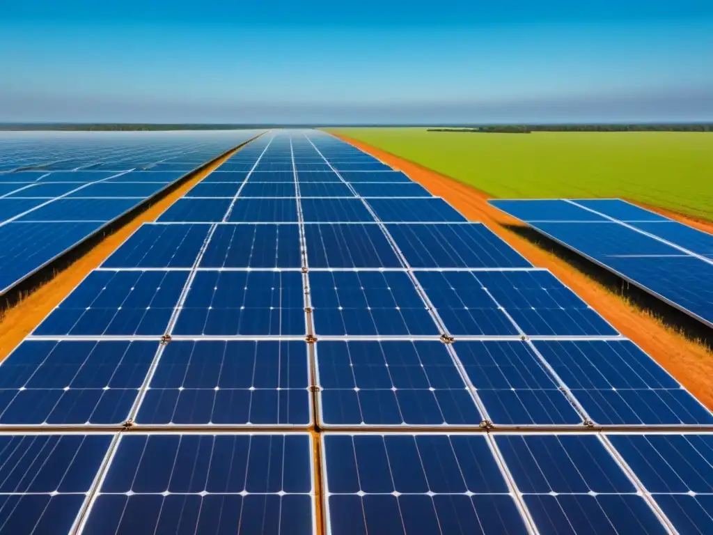 Un campo de paneles solares inmensos bajo un cielo azul, reflejando la luz del sol