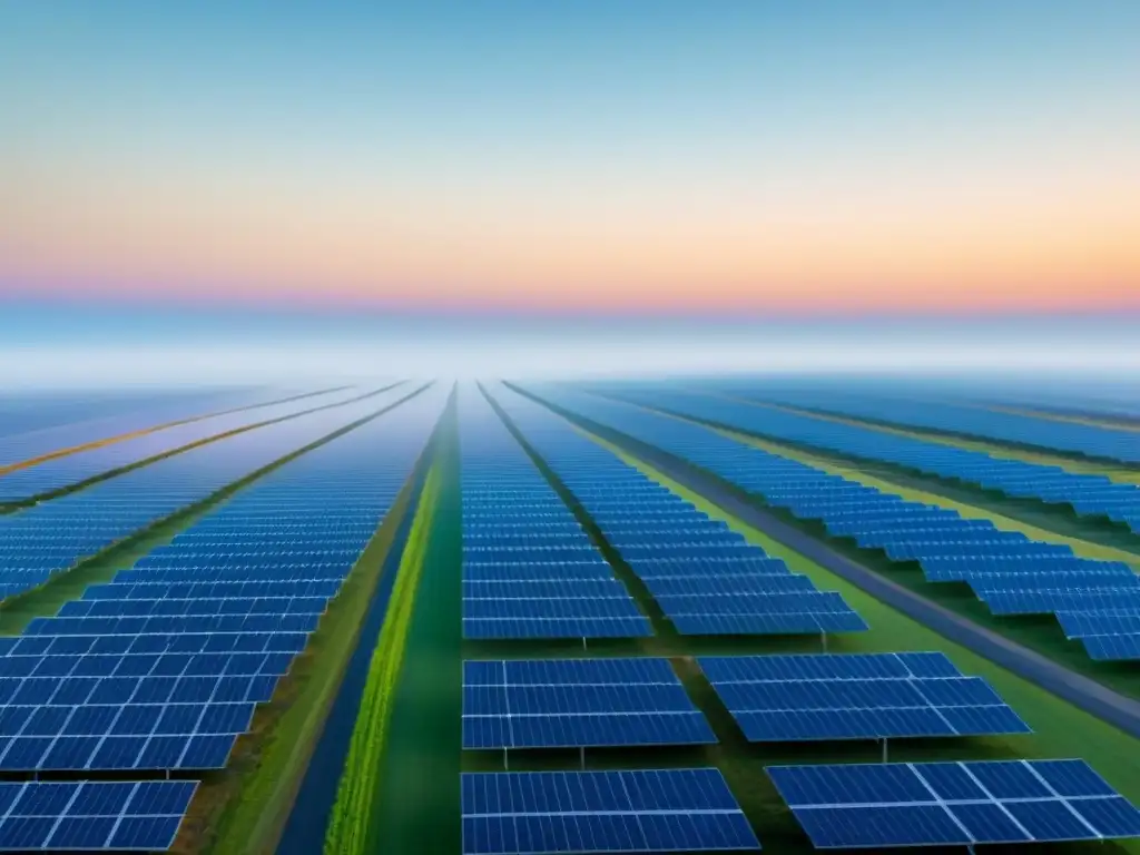 Un campo de paneles solares al amanecer, reflejando la luz matutina