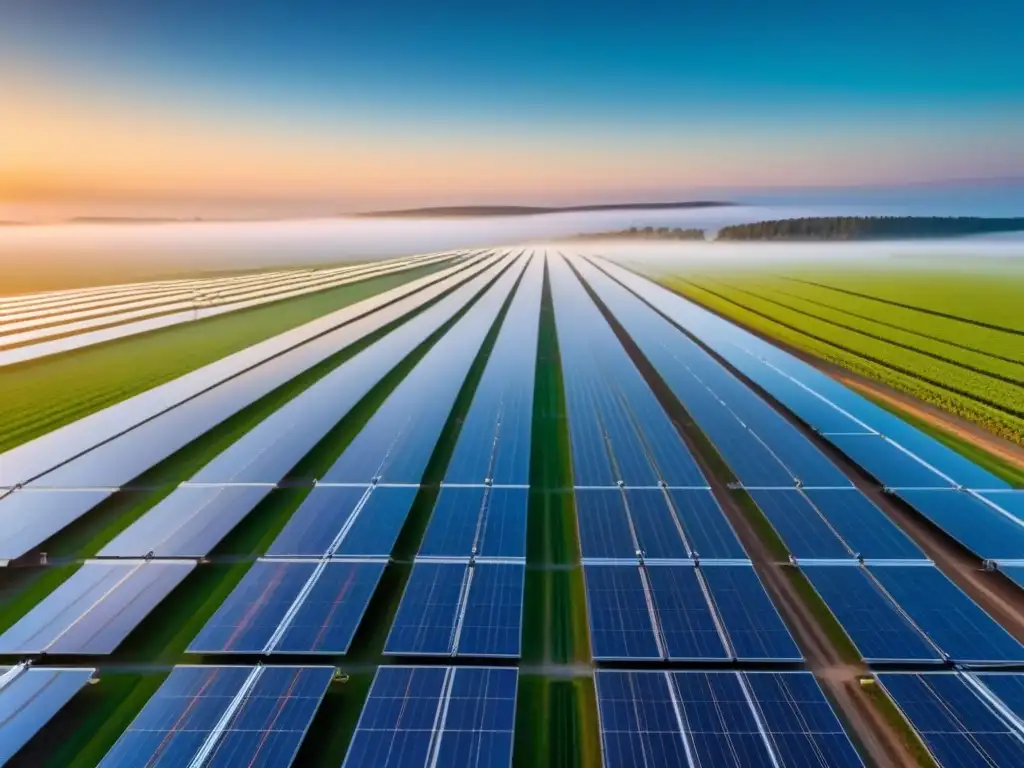 Un campo de paneles solares al amanecer, reflejando la luz dorada del sol