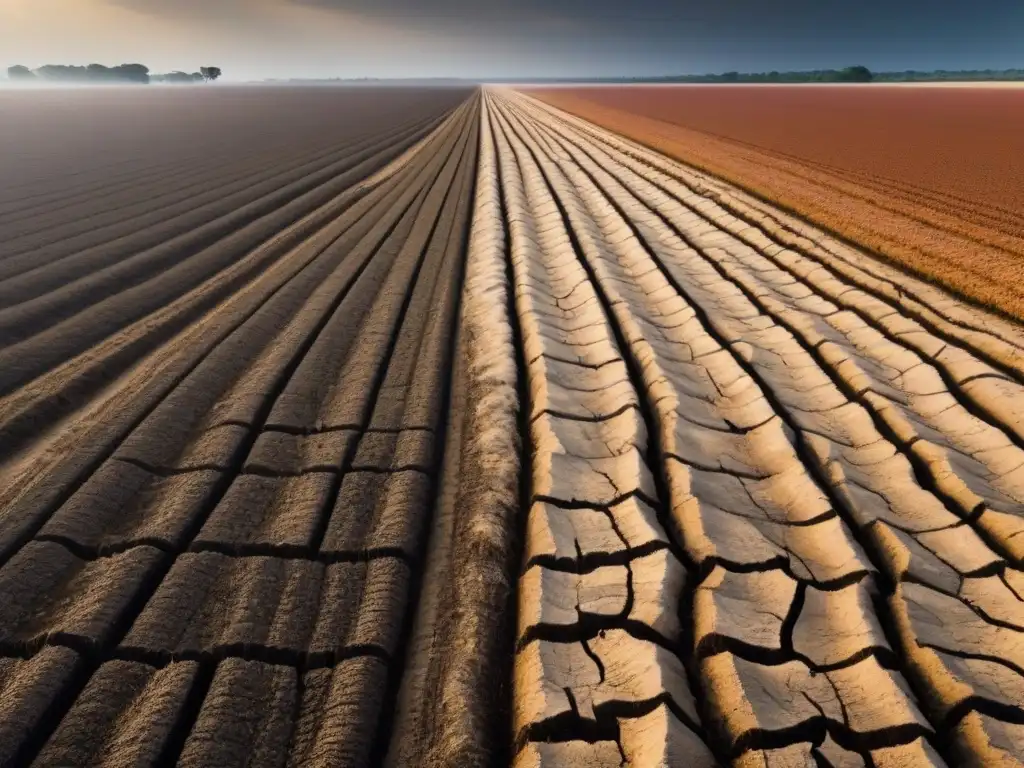 Campo seco y agrietado bajo el sol abrasador, reflejando los efectos del cambio climático en la agricultura