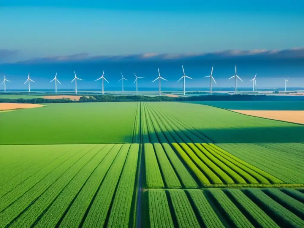 Un campo sereno bañado por el sol con turbinas eólicas verdes, símbolo de un futuro sostenible