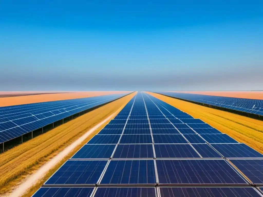 Un campo solar brillante y ordenado con paneles solares alineados, bajo un cielo azul