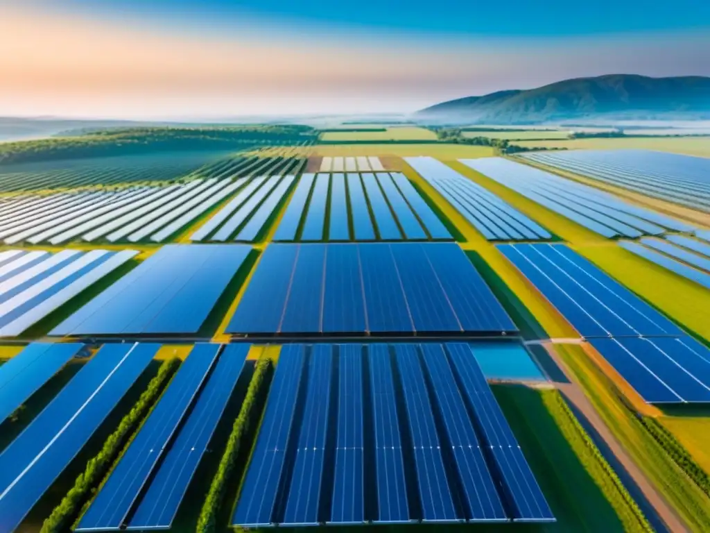 Un campo solar extenso y sereno bajo el cielo azul, reflejando la armonía entre tecnología y naturaleza